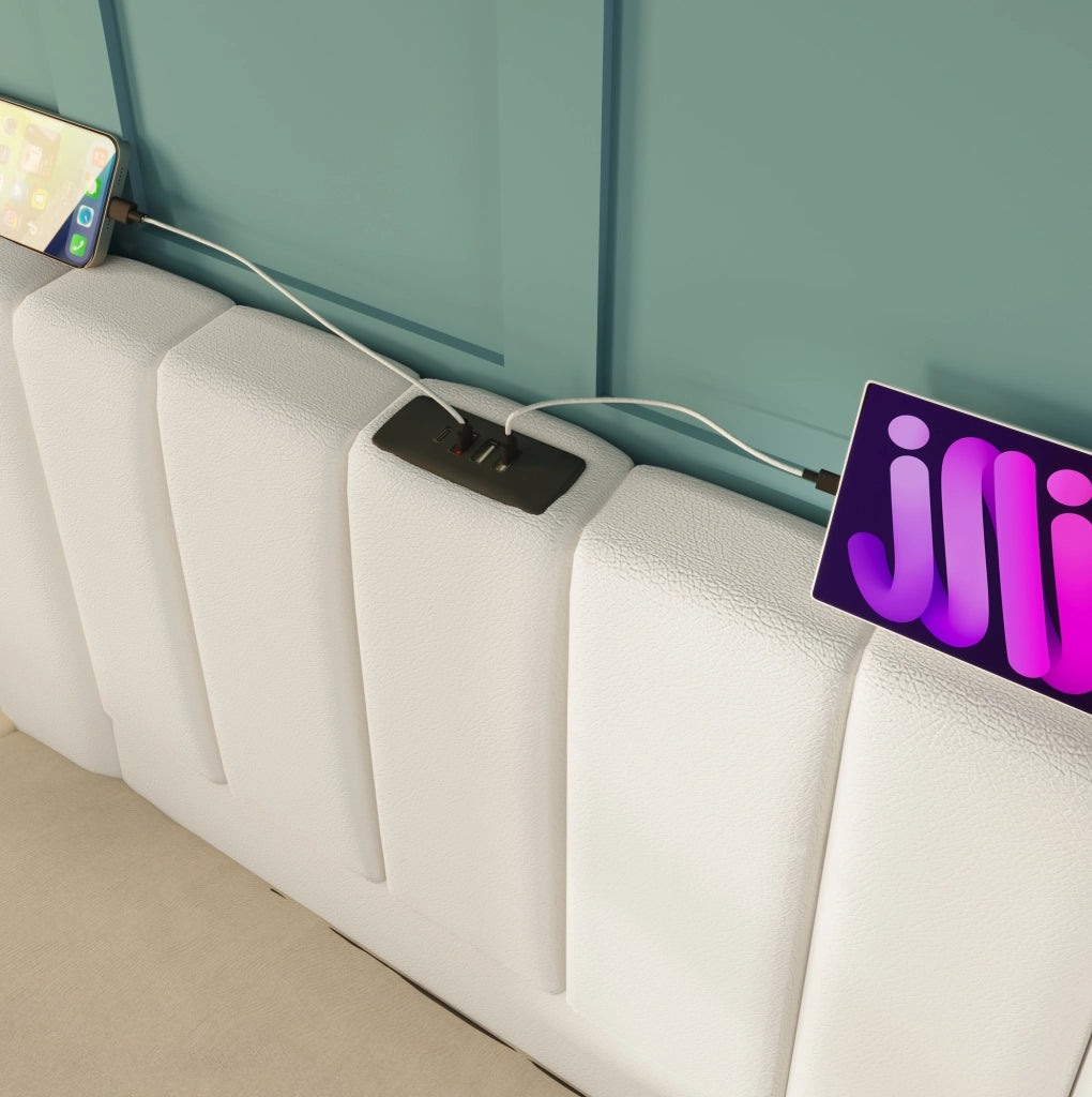 Letto contenitore 160x200 cm in PU bianco con LED, app e USB-C, senza materasso
