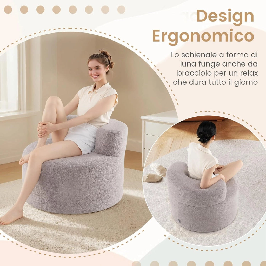 Poltrona Pouf a Sacco, Divano da Pavimento a Forma di Luna con Morbido Tessuto, Spugna ad Alta Resilienza e Schienale Curvo, Divano Rotondo per Salotto, Camera da Letto e Soggiorno (Grigio)