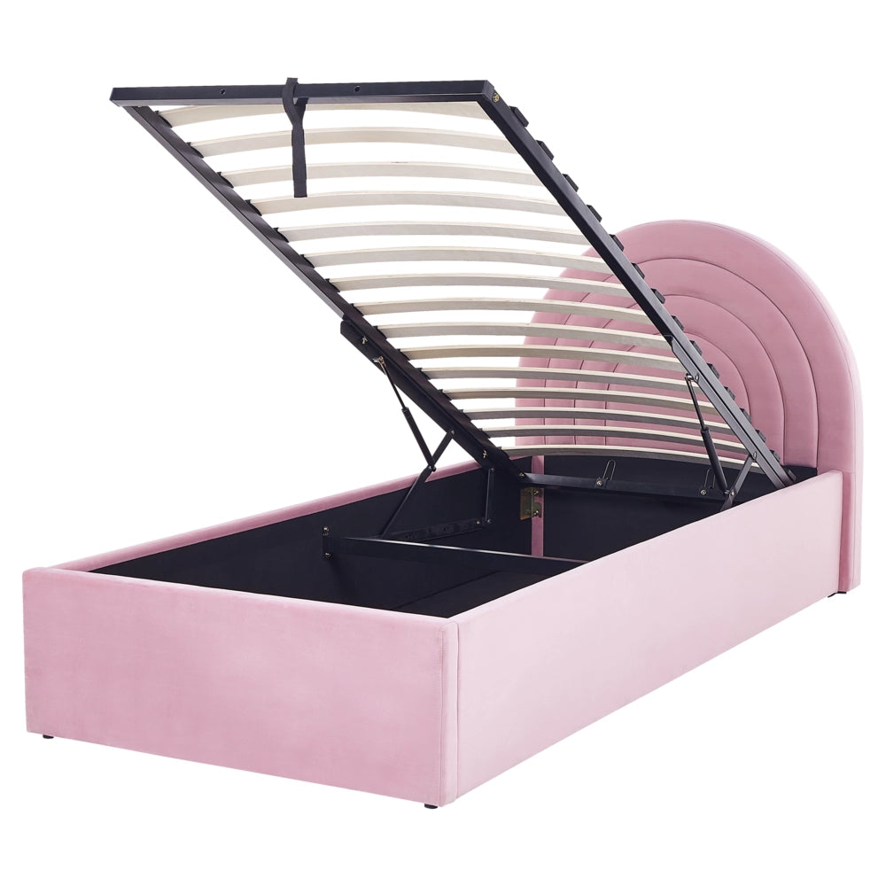 Letto con Contenitore in Velluto Rosa, Misura Singola 90 x 200 cm , Design Minimalista Retro con Testiera a Mezza Luna e Contenitore