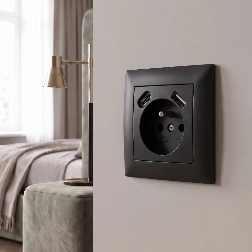 Presa Singola Con Messa A Terra + Usb-a Usb-c Oste Jnh004-g Black