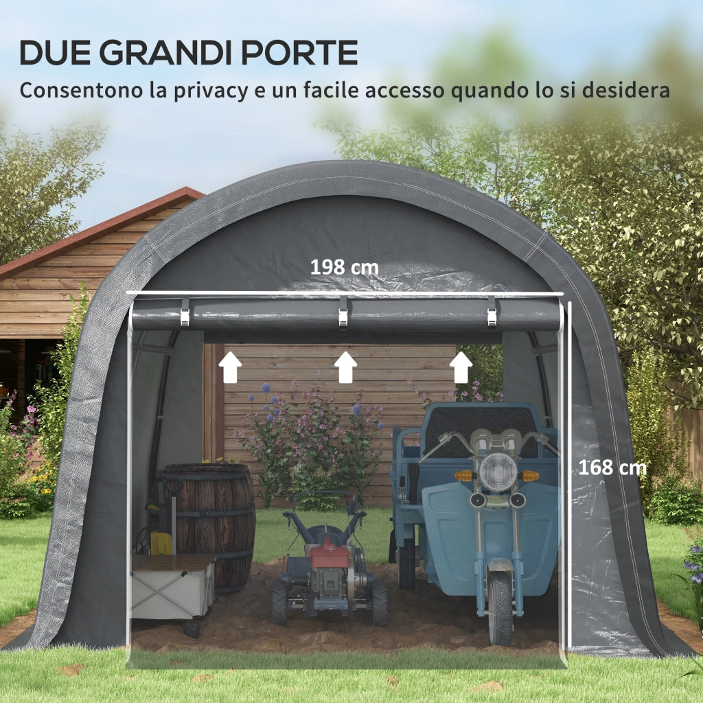 Tendone da Giardino per Moto Bici e Attrezzi 300x300x235 cm con 2 Ingressi a Zip in Acciaio e PE Grigio