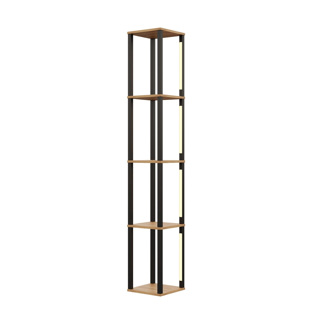 Scaffale a colonna LED 4 ripiani MDF nero e legno 26x26x165 cm
