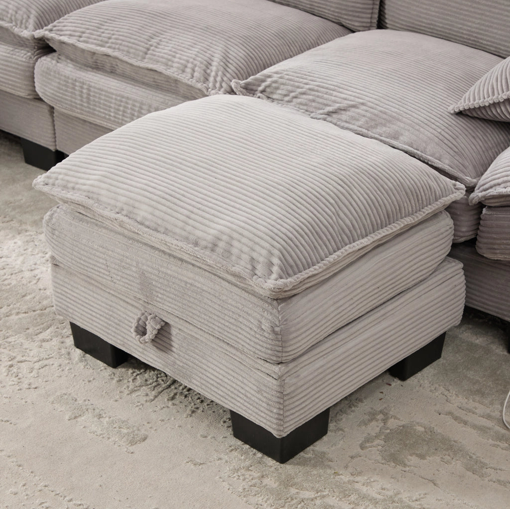 Divano modulare a 3 posti con pouf contenitore; USB-C; in velluto a coste grigio chiaro