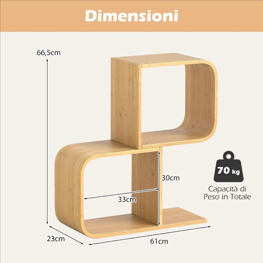 Libreria a 2 livelli a forma di S per esposizione, Mensola in bamb¨´ con 2 cubi aperti Naturale-Scaffali e librerie