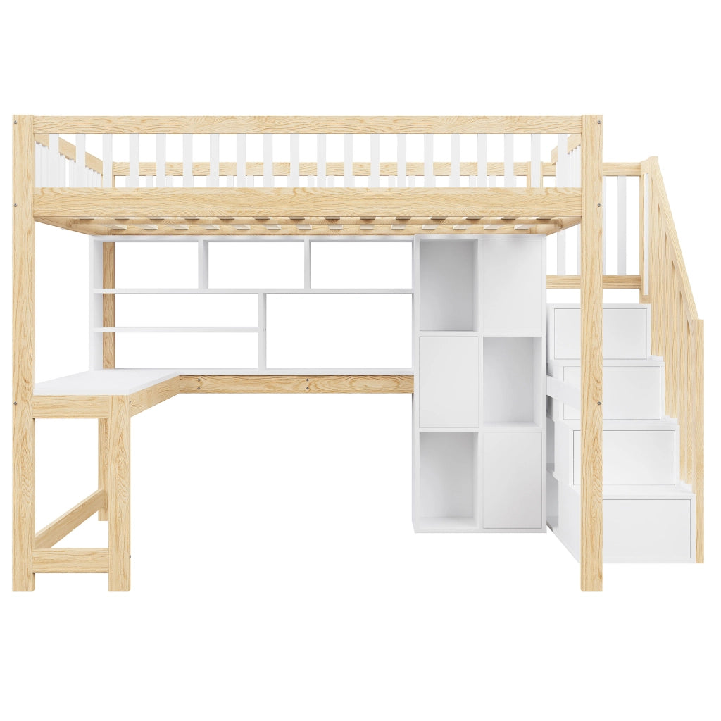 Letto a soppalco matrimoniale 140×200 cm con LED; scala contenitore; ripiani e scrivania; senza materasso