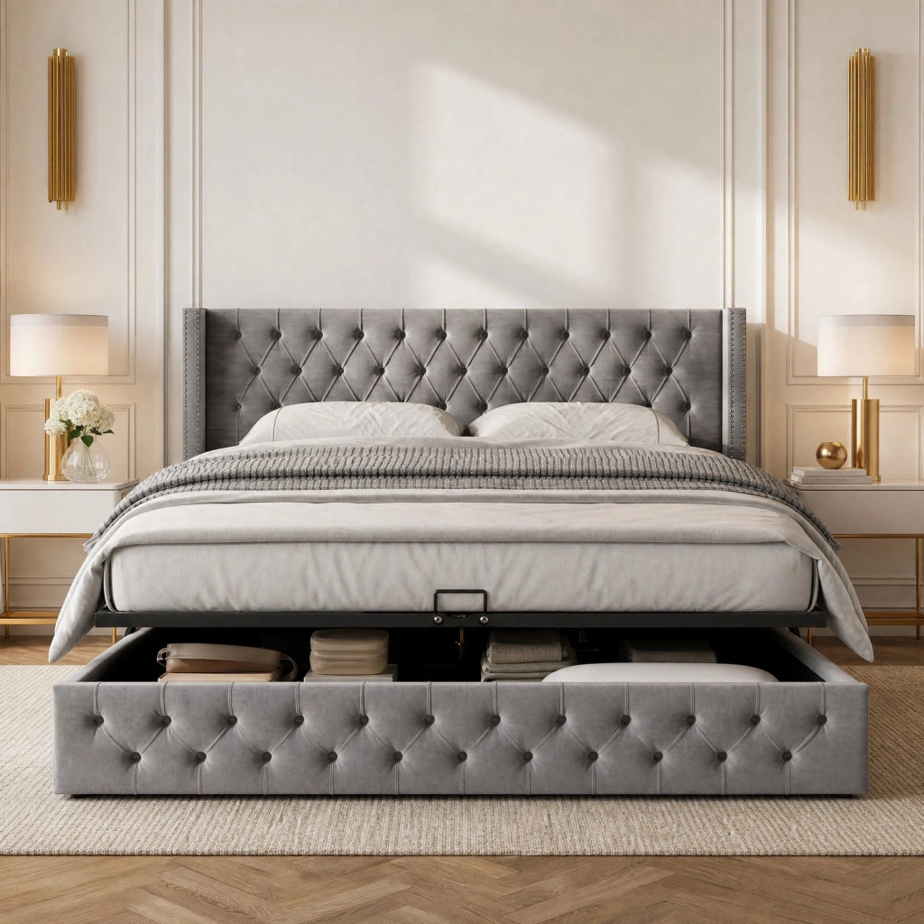 Letto matrimoniale 140x190 Chesterfield in velluto grigio con contenitore e rete a doghe, senza materasso