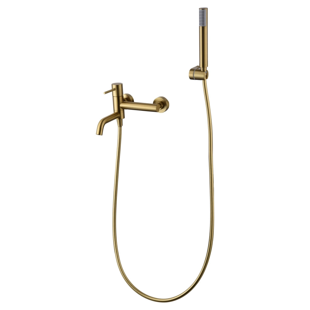 IMEX Miscelatore vasca-doccia oro spazzolato in ottone con tubo flessibile PVC 180 cm supporto doccia ABS maniglia rotonda cartuccia ceramica Ø35 mm finitura PVD modello Imex-BDM039-4OC Monza