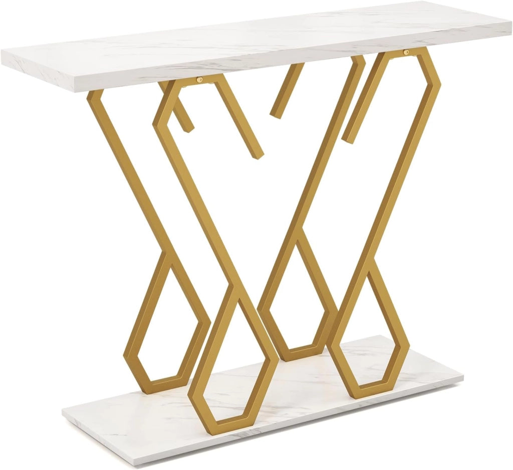 Tavolo Consolle 100cm, Tavolo d'Ingresso con Piedini Regolabili, Kit Antiribaltamento e Struttura in Metallo, Tavolino da Divano per Soggiorno, Ingresso e Corridoio (Bianco e Oro)