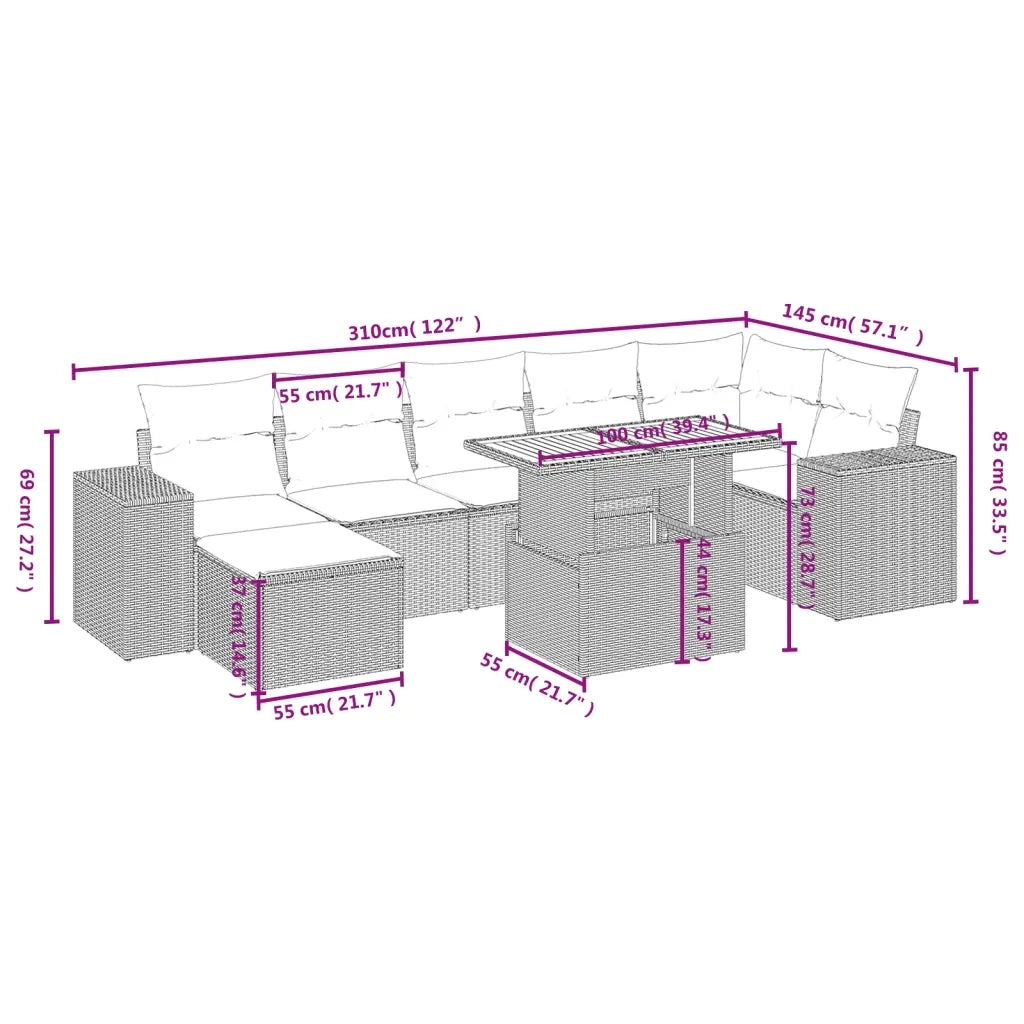 Set Divano da Giardino 8 pz con Cuscini Beige in Polyrattan