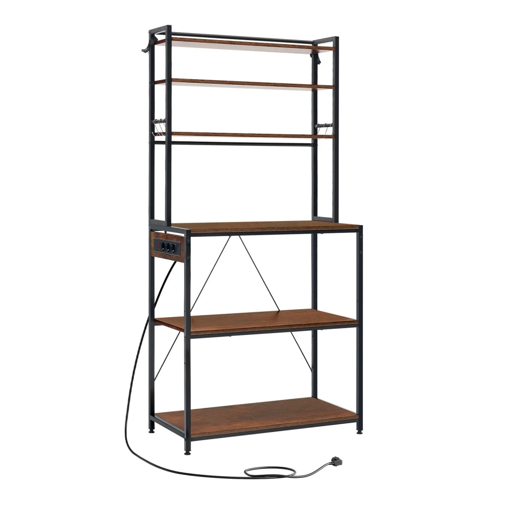 Scaffale cucina con prese, 6 ripiani aperti, 6 ganci, marrone rustico