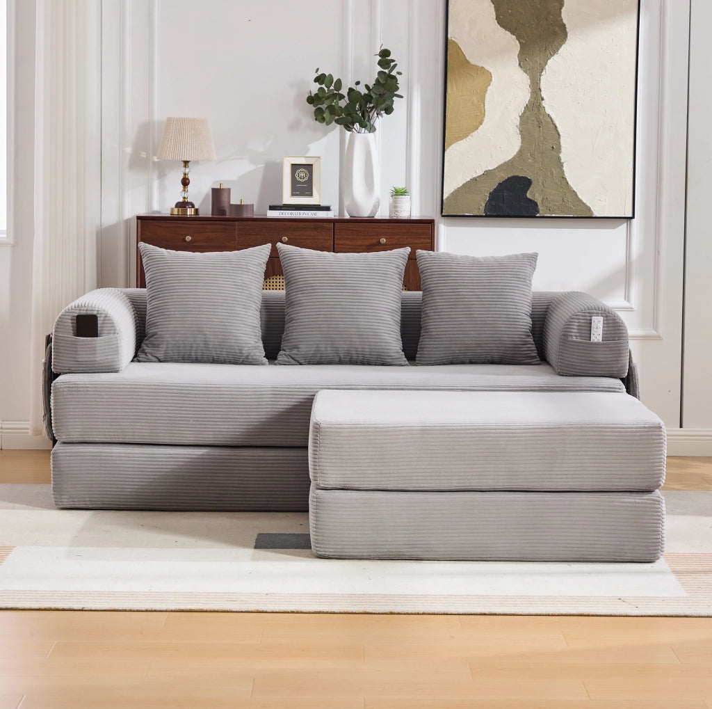 Divano modulare 200x190x67 cm in velluto a coste grigio chiaro con pouf –