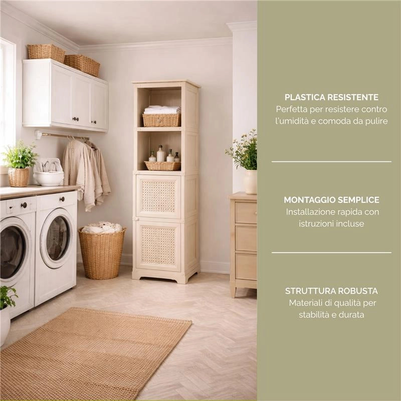 MOBILE BAGNO SALVASPAZIO 4 MODULI ANGORA 40X43X164 CM CON ANTA EFFETTO LEGNO E RIPIANI A VISTA – MOBILE CONTENITORE VERTICALE PER ARREDO BAGNO