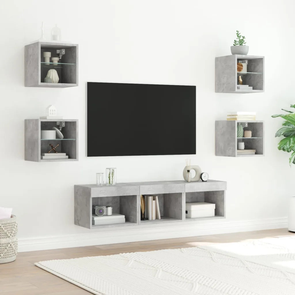 Mobili TV a Muro con LED 7pz Grigio Cemento Legno Multistratocod mxl 134235