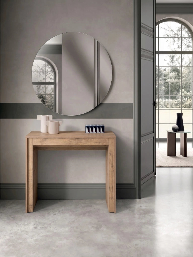 Consolle Allungabile Pinocchio - Tavolo da pranzo moderno in melaminico effetto rovere naturale, design salvaspazio ed elegante - OM