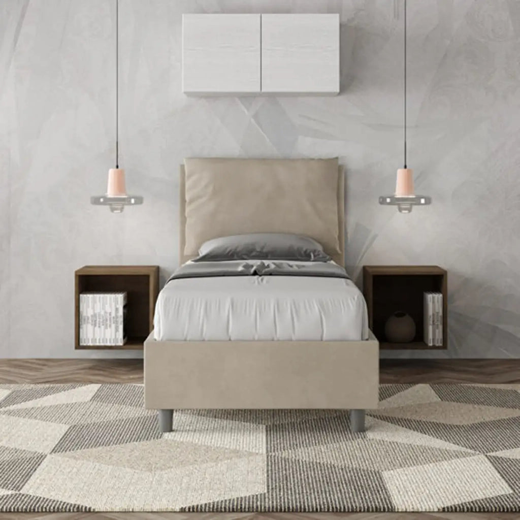 Letto singolo con rete imbottito 80x200 microfibra sabbia Antea