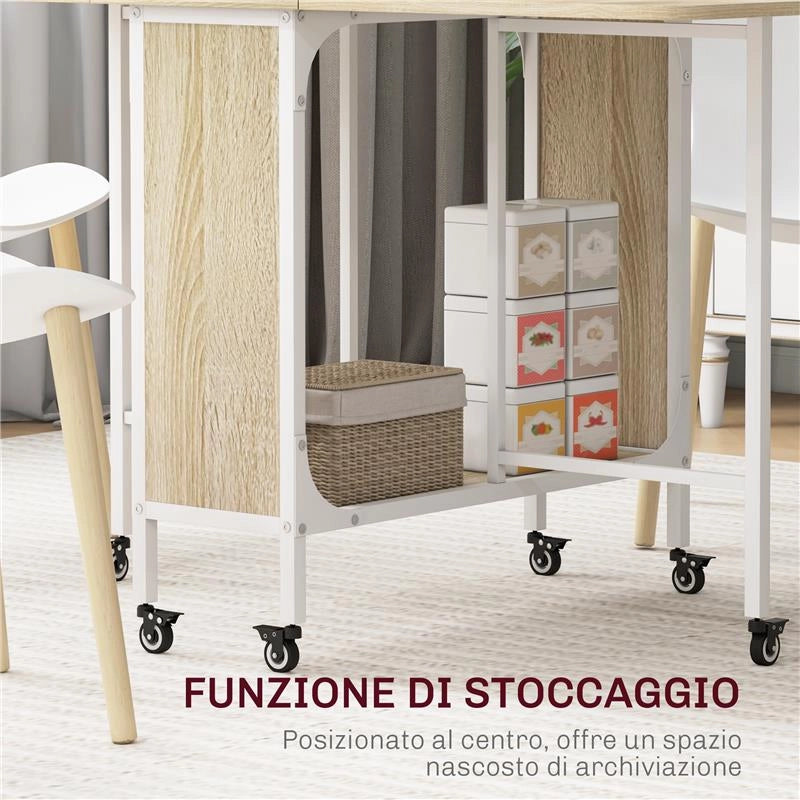 TAVOLO DA PRANZO PIEGHEVOLE PER 6 PERSONE MAX CON RIPIANO, IN LEGNO E METALLO, 130X80X74 CM, BIANCO E COLOR LEGNO