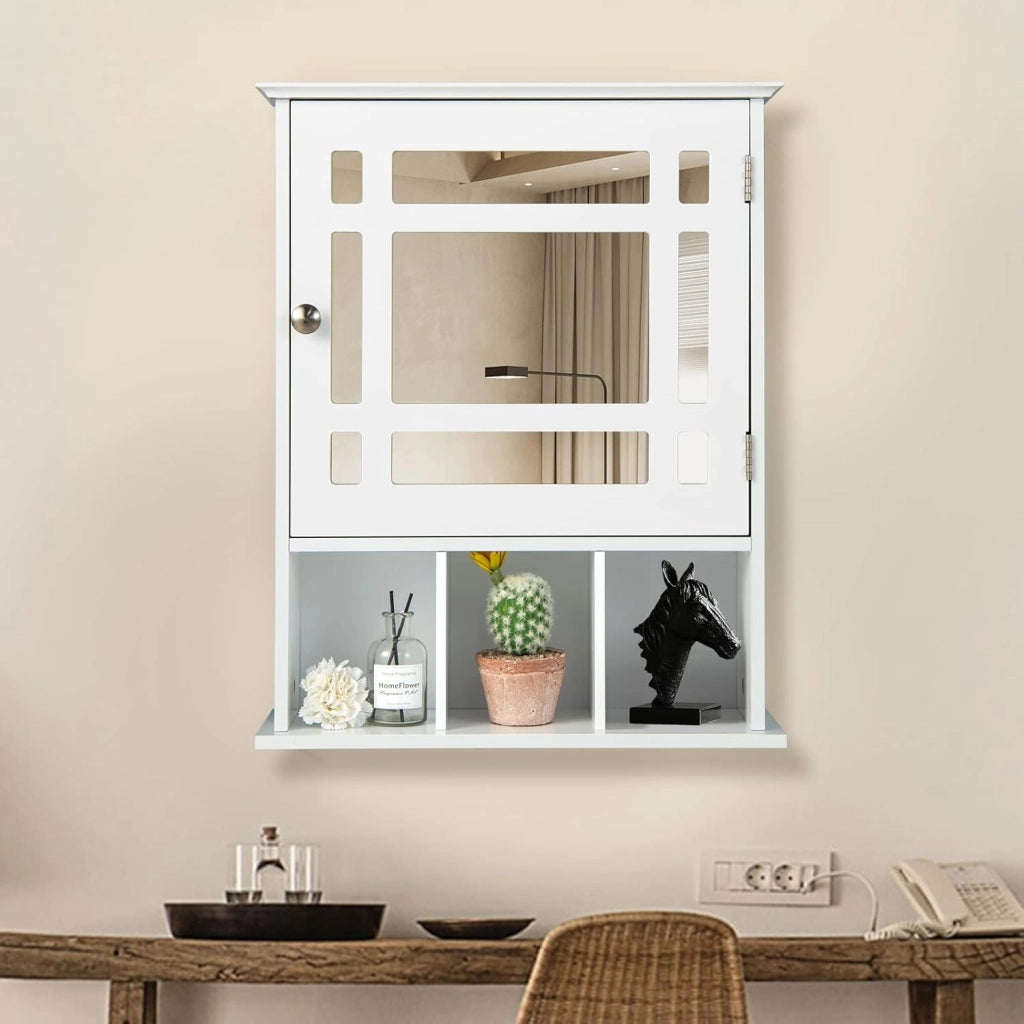 Mobiletto Bagno con Specchio in Legno, Armadio Farmacia da Muro, Armadietto da Parete per Bagno, 50 x 16 x 61 cm (Bianco)