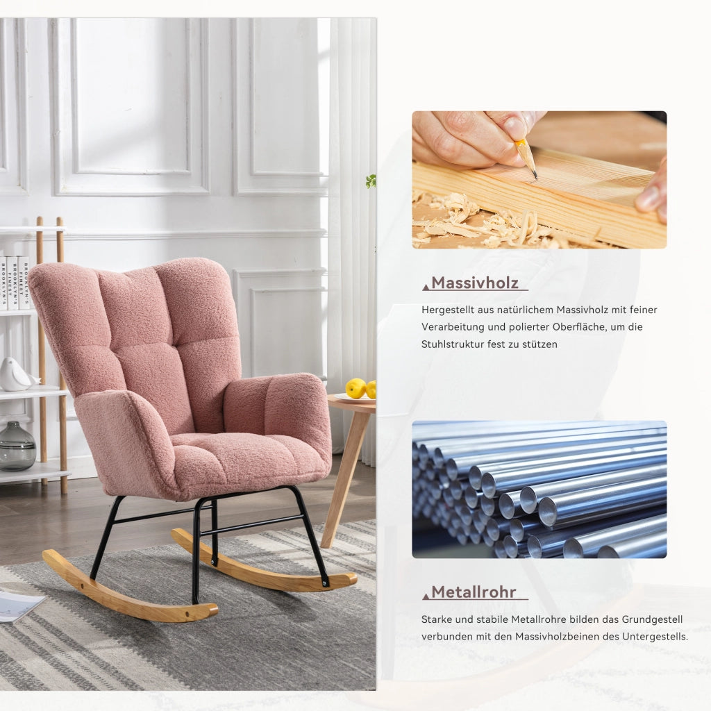 Sedia a dondolo in tessuto teddy con schienale alto e braccioli imbottiti; rosa
