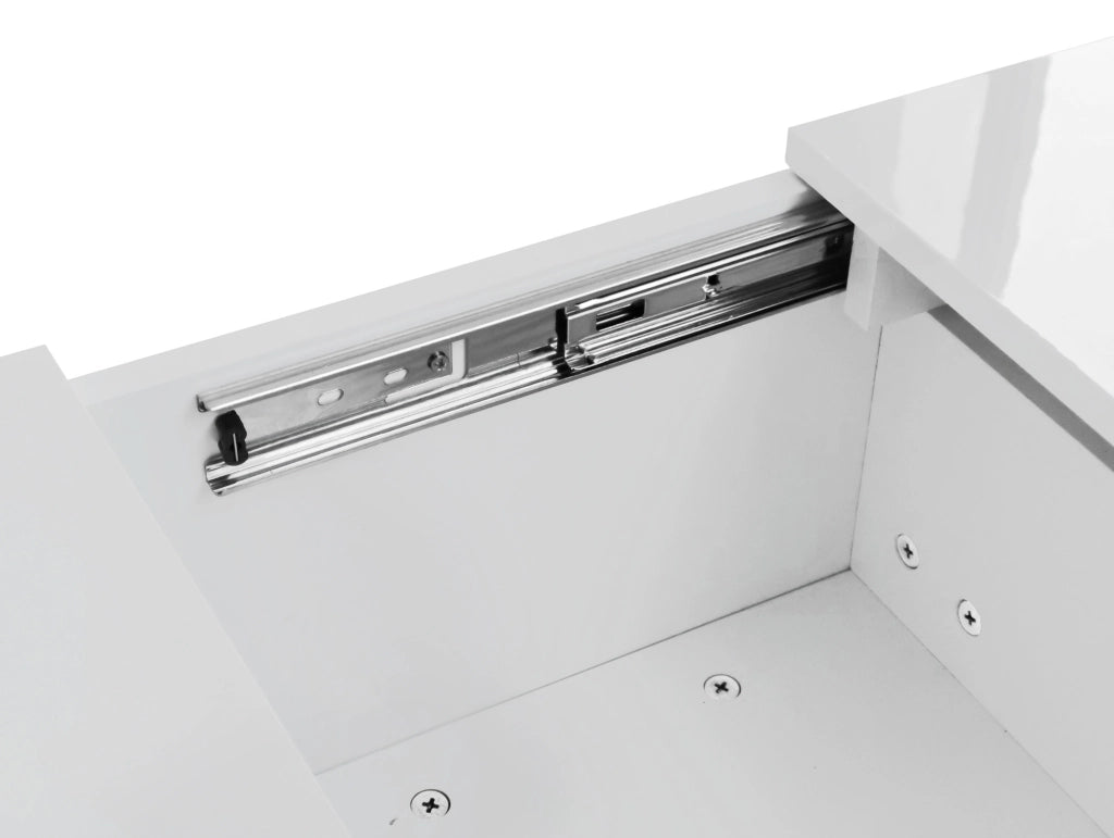 Tavolino da caffè bianco lucido 100x50x31 cm in truciolare con vani push-pull e 2 cassetti