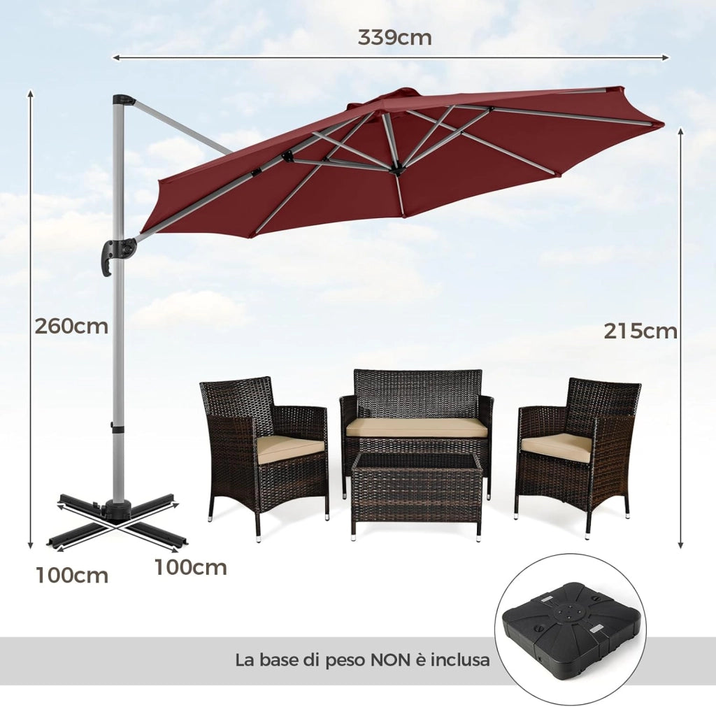 Ombrellone da Giardino 339 cm, Ombrello da Giardino Rotondo con Rotazione a 360°, Ombrellone da Giardino Inclinabile con Base, Ombrello da Sole per Giardino, Patio (Rosso)