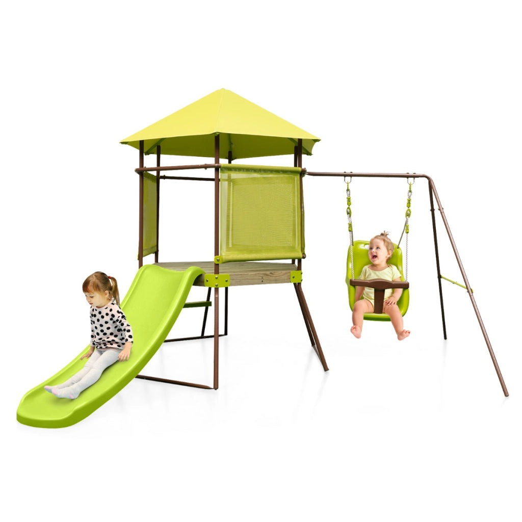 Set di altalene 4-in-1 con seggiolino regolabile in altezza scivolo e scala, Playset per bambini da esterno Verde-Altalene e dondoli