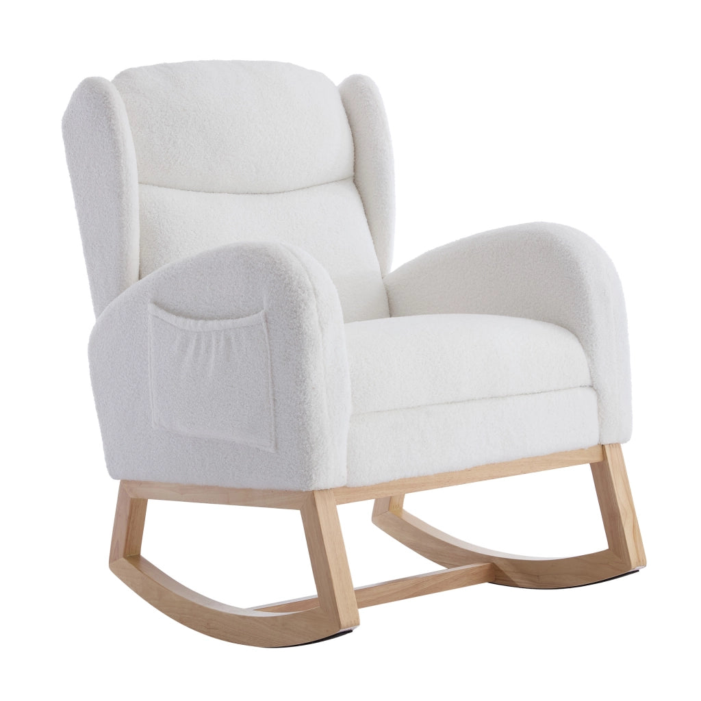Poltrona a Dondolo con Poggiapiedi ¨C MINIMAL ¨C Tessuto Teddy, Schienale Alto, Bianco