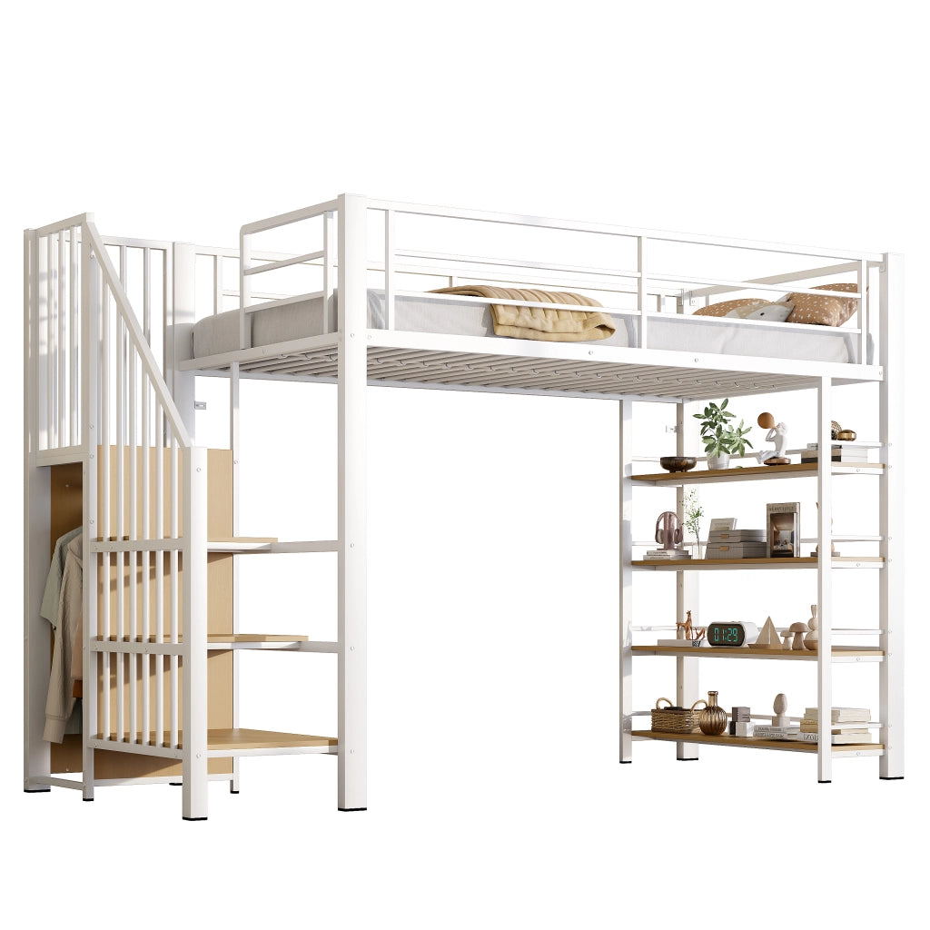 Letto a castello bianco in metallo con scala di sicurezza scomparti e piccolo armadio 90x200 cm