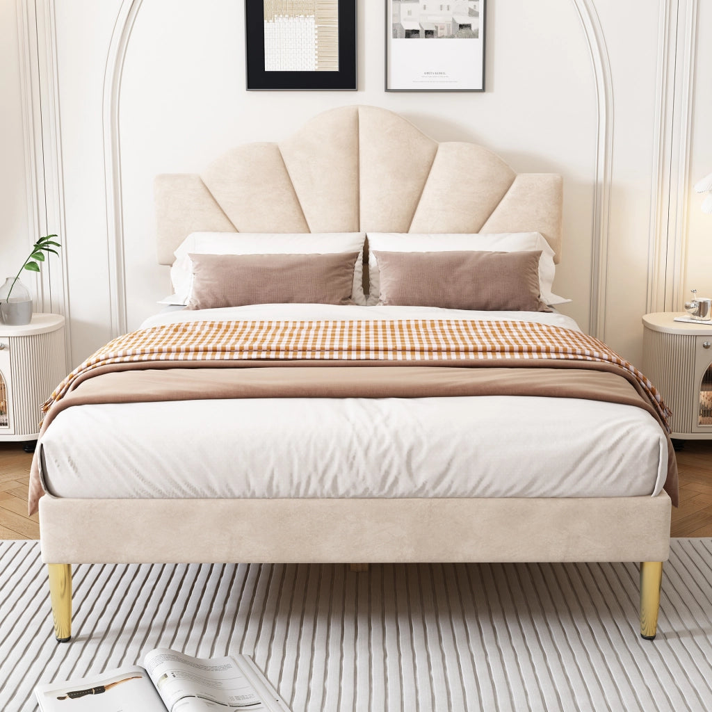 Letto matrimoniale imbottito in velluto beige 140x190 cm con testiera regolabile e rete a doghe