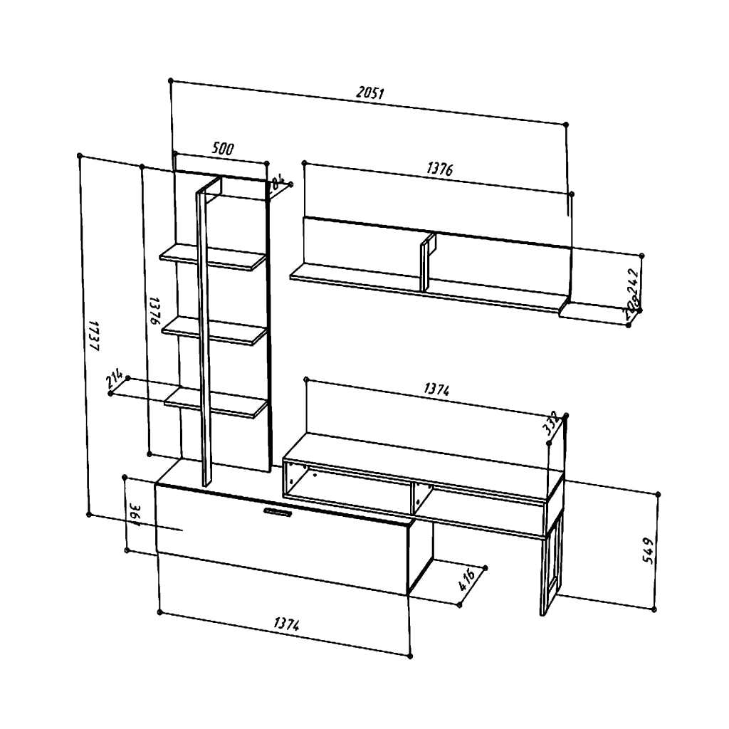 Mobili  soggiorno MOLDE - Scaffale in Set - Quercia Wotan - Bianco - Larghezza 251 cm, Altezza 174 cm, Profondit? 37 cm