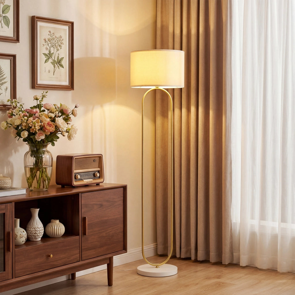 Lampada da Terra Moderna con Paralume in Tessuto, Doppio Tubo Metallico e Interruttore a Pedale, Oro