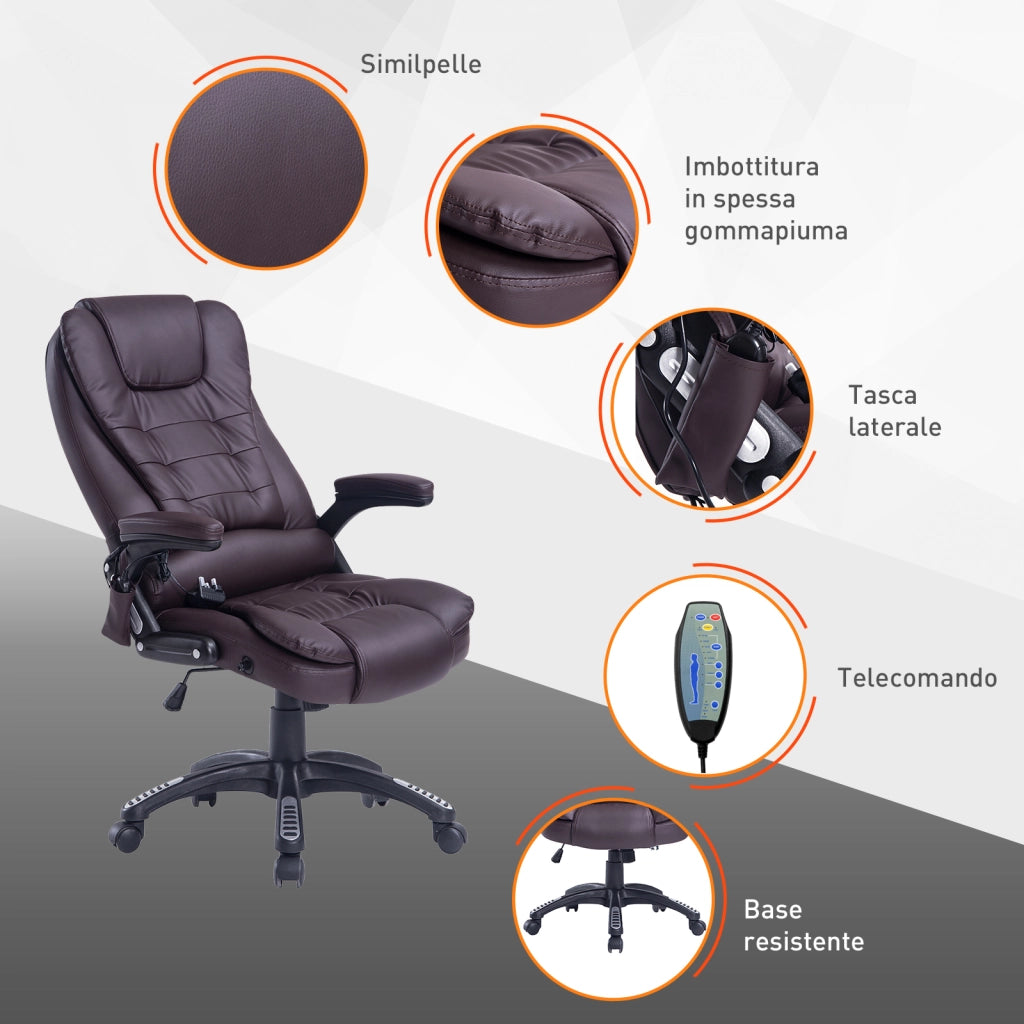 EasyComfort Poltrona Massaggiante da Ufficio ad Altezza Regolabile con 6 Punti Massaggianti, in PU, 62x68x111-121 cm, Marrone