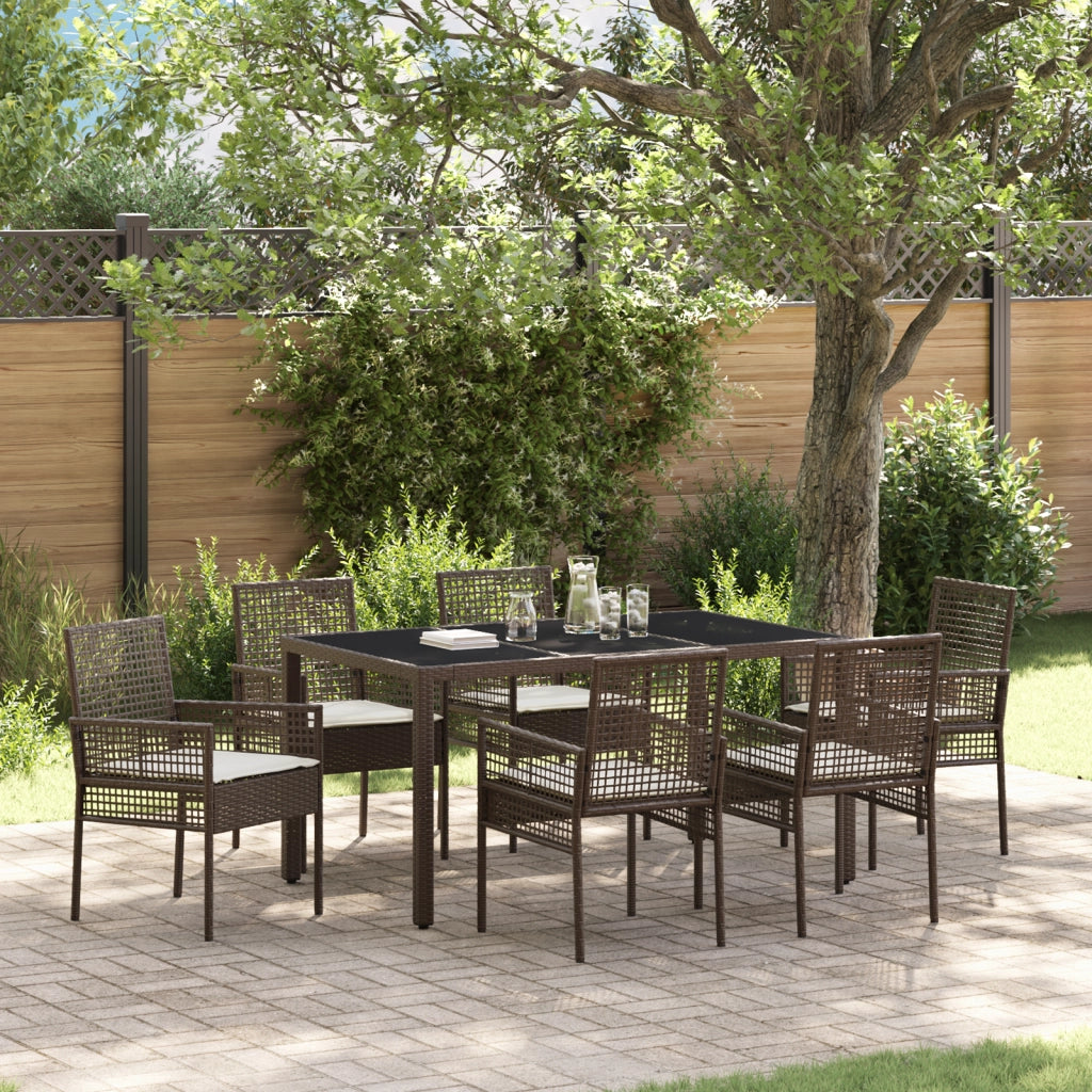 Set da Pranzo da Giardino 7 Pezzi con Cuscini in Rattan Sintetico Marrone