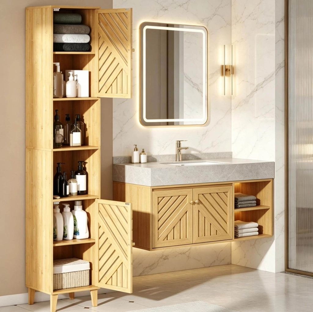 Mobile angolare alto per bagno in bambù e pannello truciolare con ripiani regolabili salvaspazio