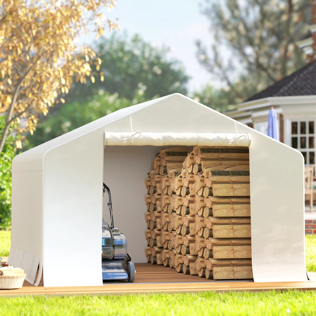 Capanno da Giardino e Tenda Garage 3x3 m Impermeabile con Porta Avvolgibile in Metallo e PE Bianco