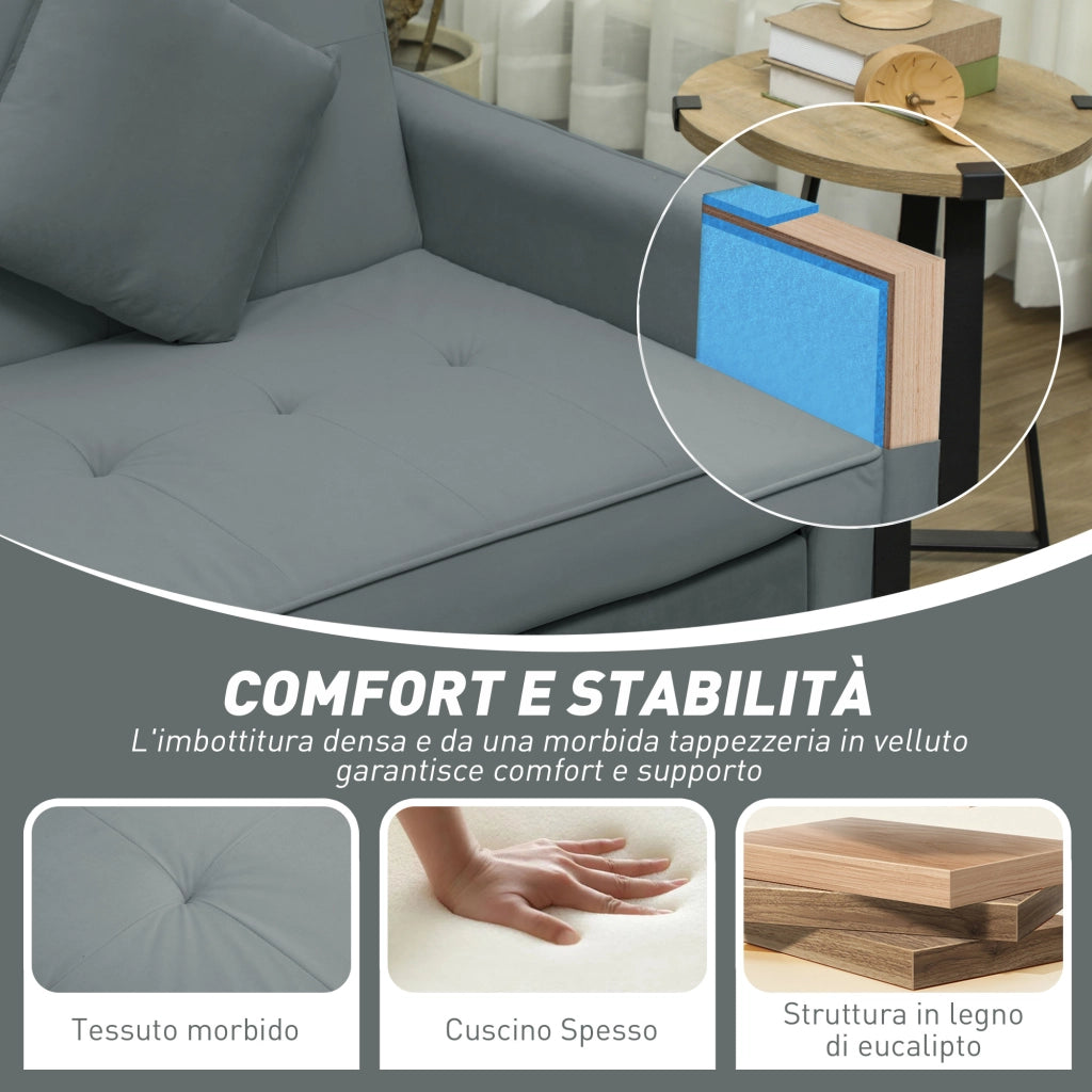 Divano Letto 3 Posti Clic Clac con Schienale Reclinabile e 2 Cuscini, 196x90x89 cm, Grigio