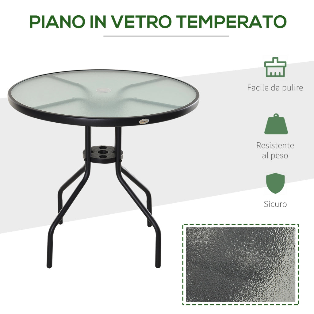 Tavolino da Giardino con Piano in Vetro Temperato e Foro per Ombrellone Acciaio §¶80 x 72 cm Nero