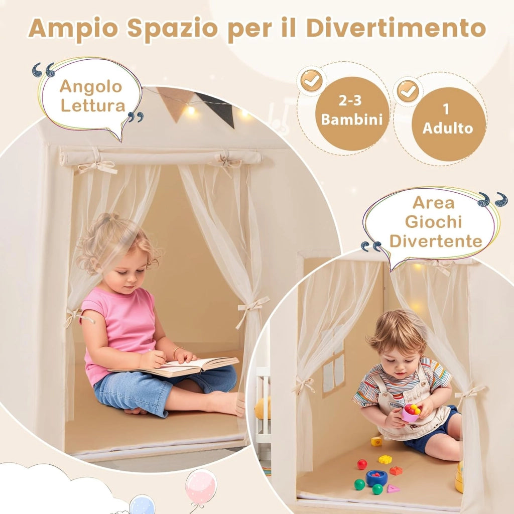 Tenda per Bambini con Luci Fatate e Bandierine, Tenda Casetta da Gioco con Porta e 2 Finestre, Tenda Gioco con Tappetino Imbottito, per Interno ed Esterno, 123 x 107 x 137 cm, Beige