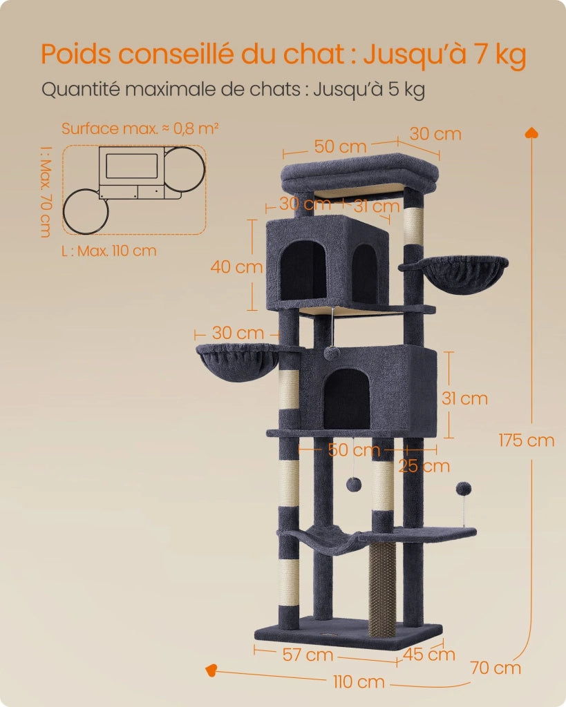 Tiragraffi torre per gatti alta 175 cm rifugio per gatti a più livelli con 2 cucce 2 cestini 5 tiragraffi trespolo autopulente amaca grigio tortora pct182g01 12_0003882