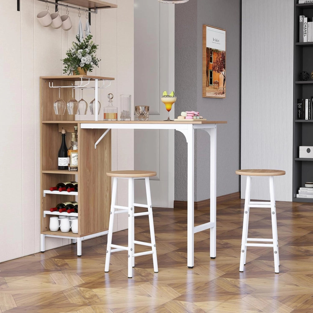 Set 3 Pezzi Tavolo e Sedie da Bar, Tavolo e Sgabelli da Pub Industriale con Porta Calici e 6 Portabottiglie da Vino, Set di Tavolo per Sala da Pranzo, Ristorante e Bar (Legno)