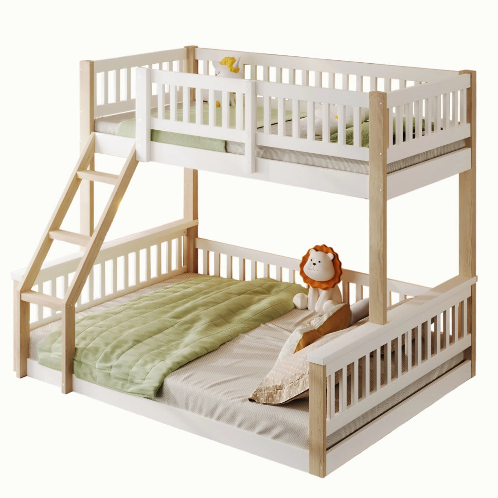 Letto a castello in legno di pino 90x200 cm + 140x200 cm; bianco e naturale