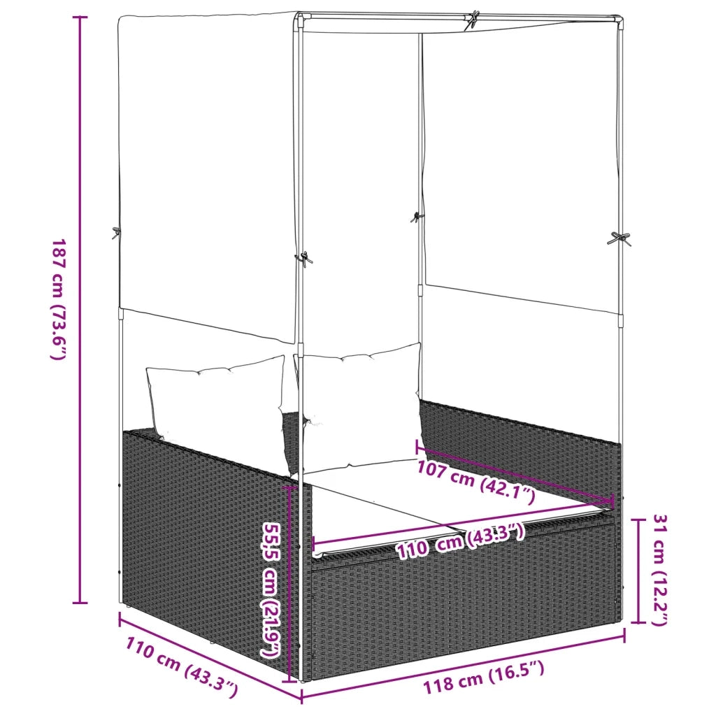 Lettino Prendisole Tetto e Tende Grigio Chiaro in Polyrattan 4002760