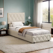 Letto singolo imbottito beige in velluto, struttura MDF ferro, supporto centrale