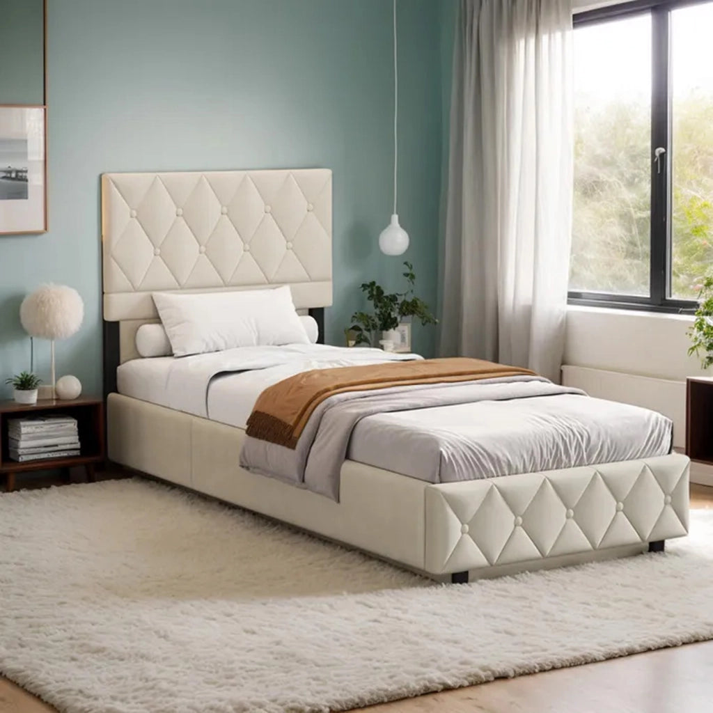 Letto singolo imbottito beige in velluto, struttura MDF ferro, supporto centrale