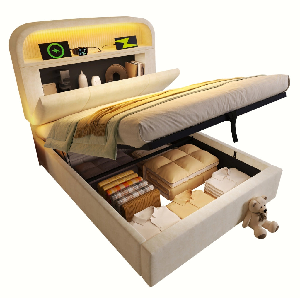 Letto singolo 90x200 cm con testiera regolabile, LED, USB e materasso incluso