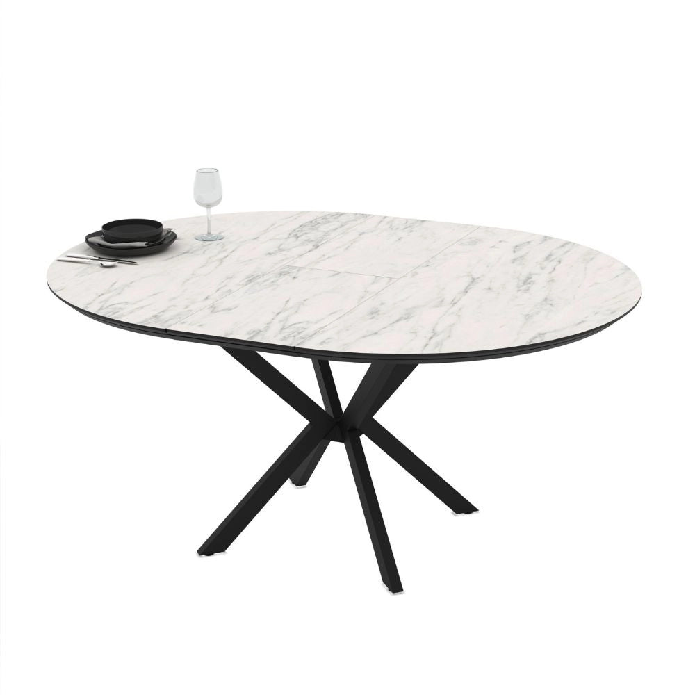 Tavolo rotondo allungabile Dobok piano effetto marmo bianco opaco 126x126x76H con gambe nere
