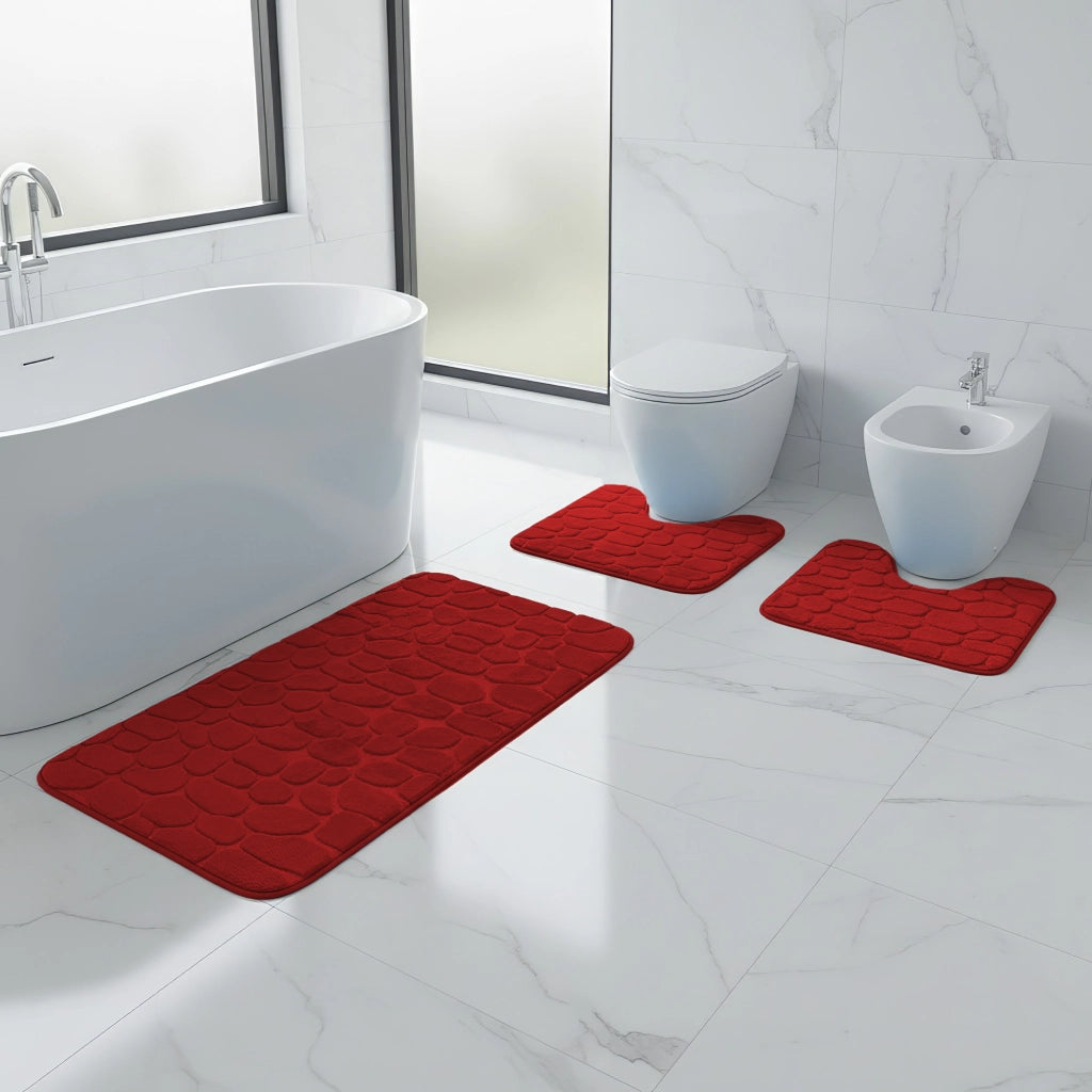Set 3 Tappeti Bagno WC e Bidet Effetto Memory Morbidi Antiscivolo 1 Tappeto 45x75 cm +2 Tappeti 45x40 cm Assorbenti, Lavabili,Design Moderno Rosso