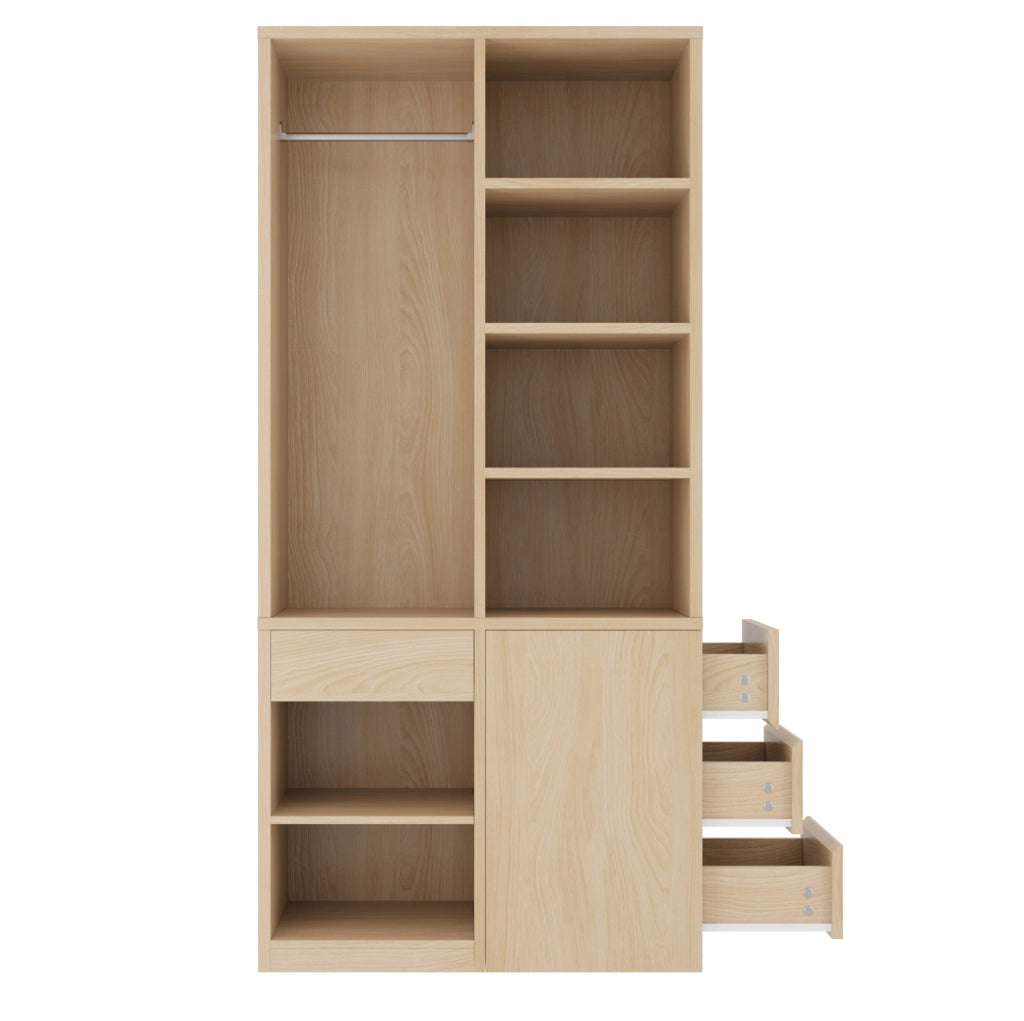 Armadio guardaroba 70x50x170 cm con appendiabiti; ripiani aperti e cassetti in MDF e compensato
