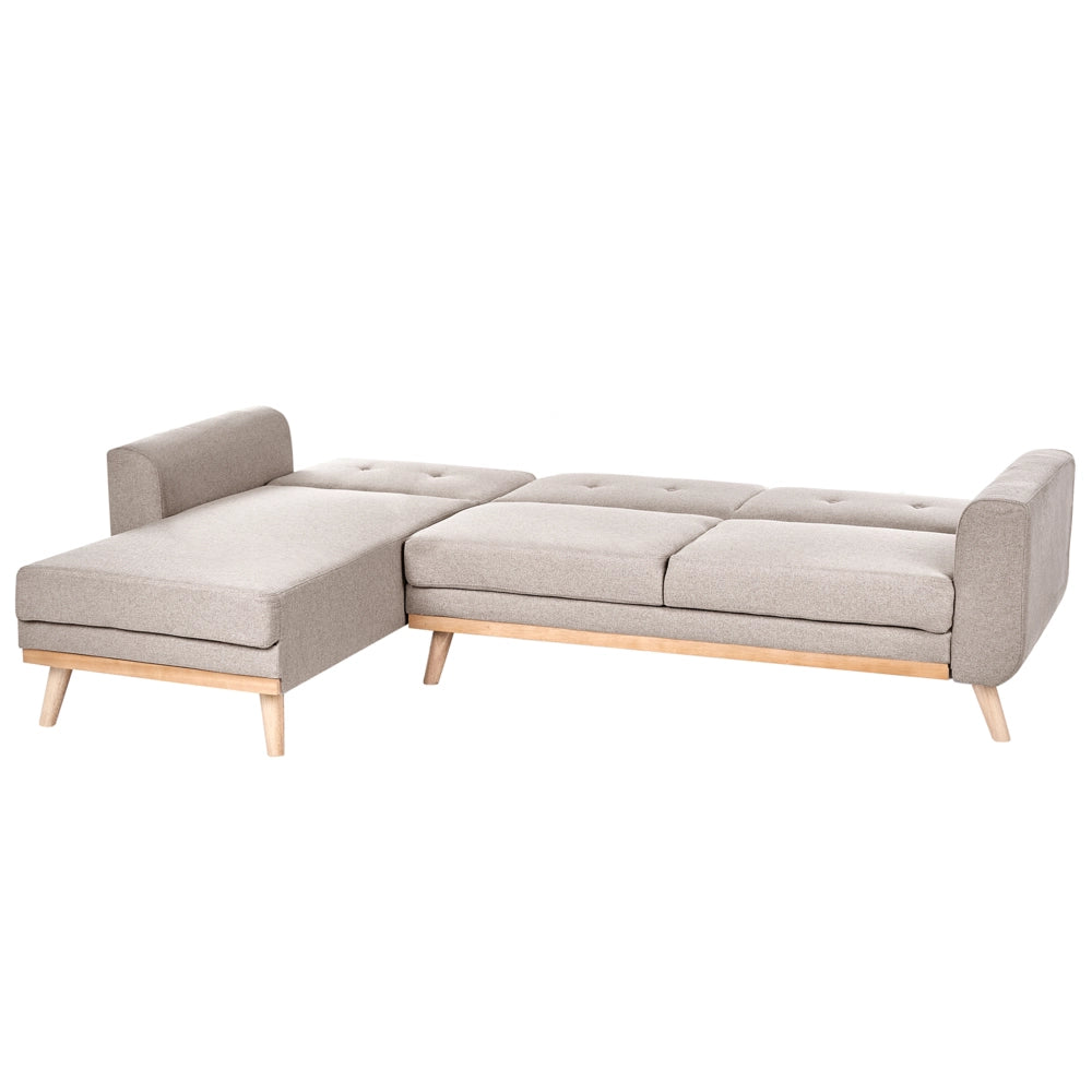 Divano Angolare ad Angolo Destro Beige in Tessuto Imbottito a L con Seduta Trapuntata Cuscini Decorativi e Funzione Letto