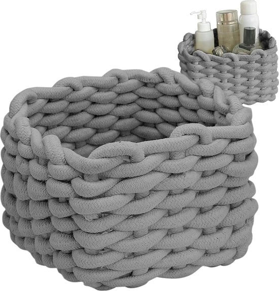 Contenitori di stoffa - corda intrecciata - piccole ceste di paglia - accessori da bagno - grigio