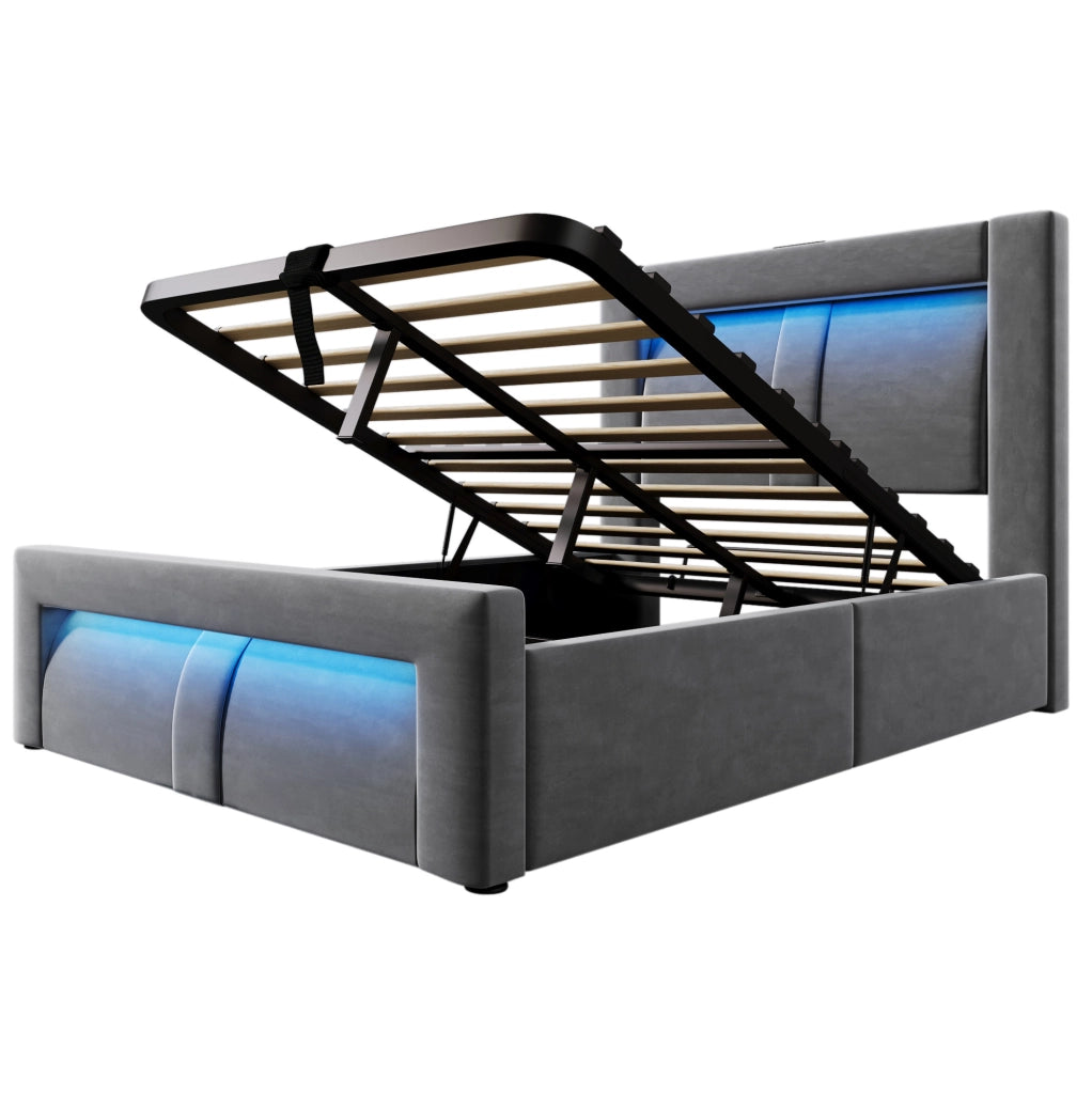 Letto singolo 90x200 cm con contenitore; LED; porte USB e USB C; velluto grigio